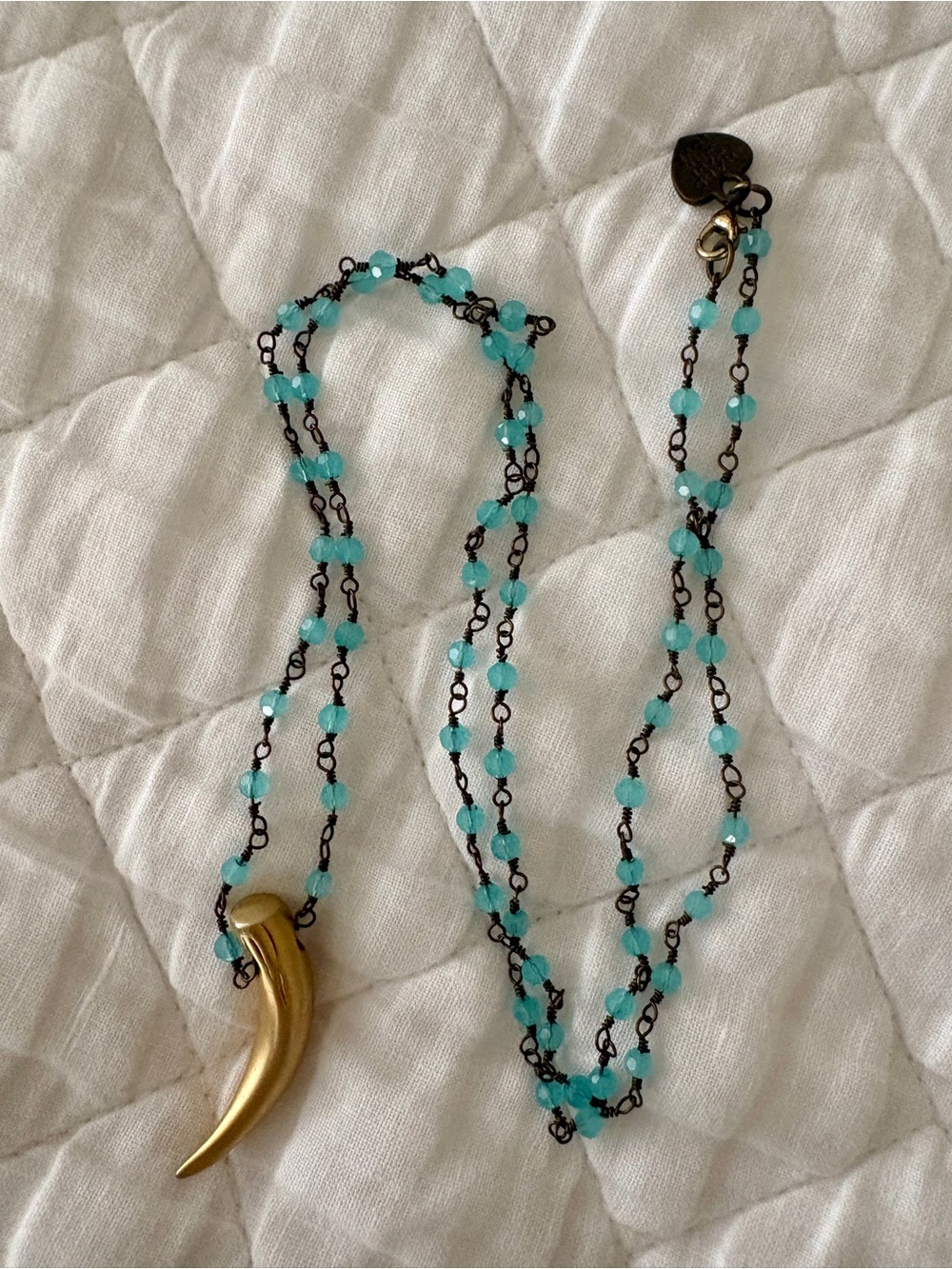 Aqua Beaded Necklace with Gold Horn Pendant